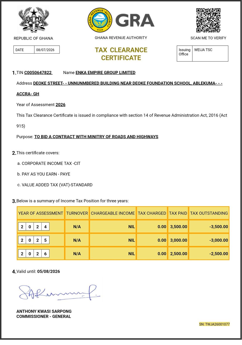 Ghana Revenue Authority tax clearance certificate