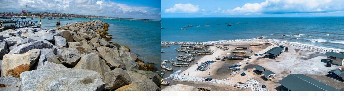 Ghanaian coastline with breakwater sea defence structures