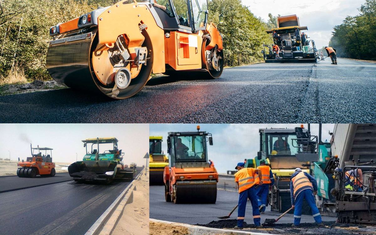 Road construction with asphalt paving equipment